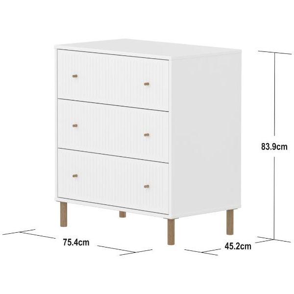 Saga Dresser - 3 Drawers - Oak Feet - Grooved White / Oak