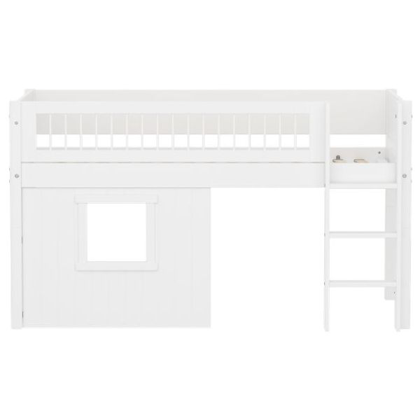 White Mid-High Bed with Treehouse 90 x 200 cm - Straight ladder - Slatted Safety Rail - White