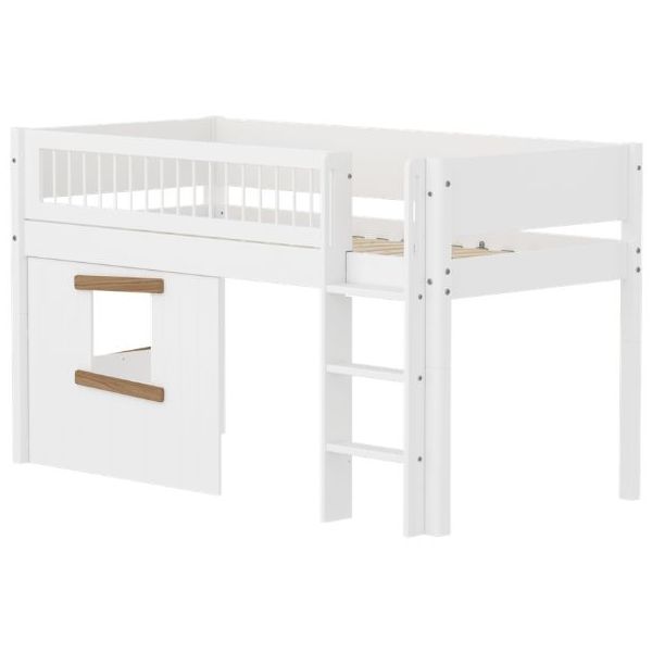 Lit mi-hauteur Cabane White 90 x 200 cm - Echelle droite - Barrière à barreaux - Blanc / Chêne