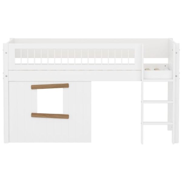 Lit mi-hauteur Cabane White 90 x 200 cm - Echelle droite - Barrière à barreaux - Blanc / Chêne