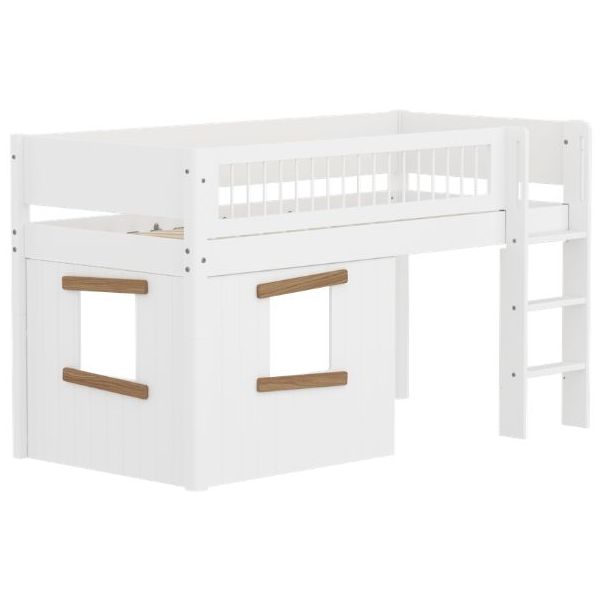 Lit mi-hauteur Cabane White 90 x 200 cm - Echelle droite - Barrière à barreaux - Blanc / Chêne