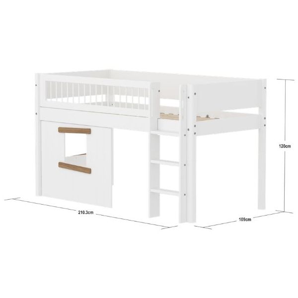 Lit mi-hauteur Cabane White 90 x 200 cm - Echelle droite - Barrière à barreaux - Blanc / Chêne
