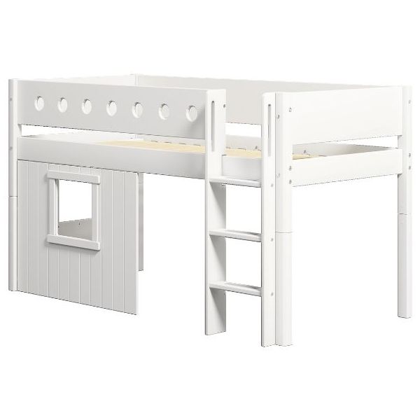 White Mid-High Bed with Treehouse 90 x 200 cm - Straight ladder - Perforated Safety Rail - White
