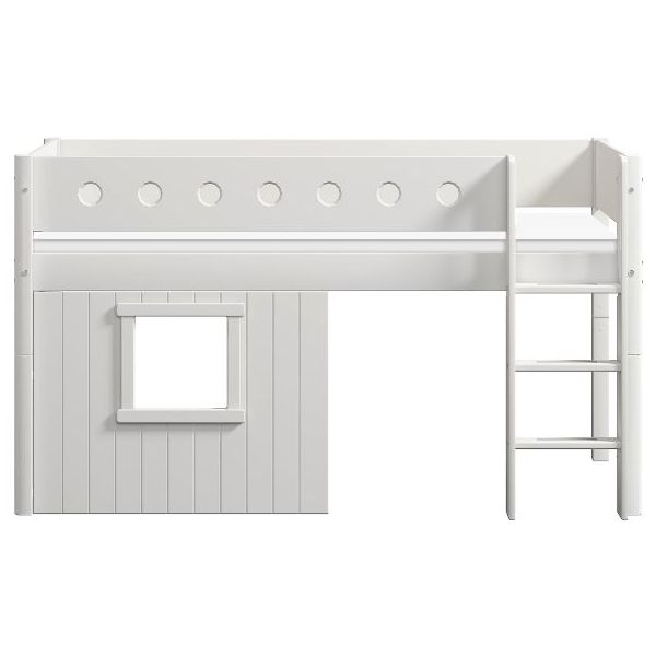 White Mid-High Bed with Treehouse 90 x 200 cm - Straight ladder - Perforated Safety Rail - White