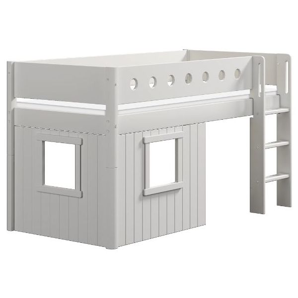 White Mid-High Bed with Treehouse 90 x 200 cm - Straight ladder - Perforated Safety Rail - White