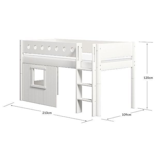 White Mid-High Bed with Treehouse 90 x 200 cm - Straight ladder - Perforated Safety Rail - White