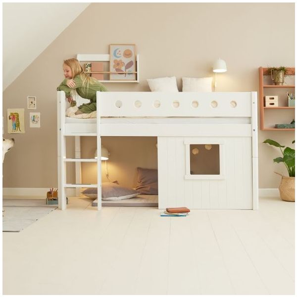 White Mid-High Bed with Treehouse 90 x 200 cm - Straight ladder - Perforated Safety Rail - White