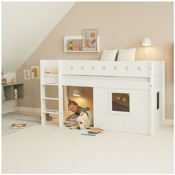 White Mid-High Bed with Treehouse 90 x 200 cm - Straight ladder - Perforated Safety Rail - White