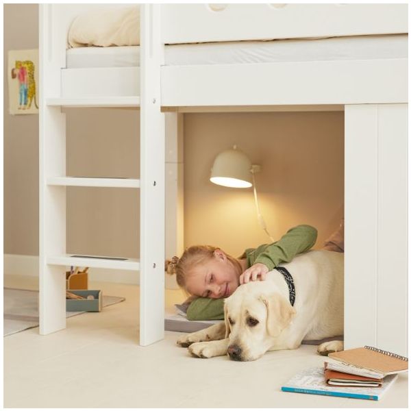 White Mid-High Bed with Treehouse 90 x 200 cm - Straight ladder - Perforated Safety Rail - White