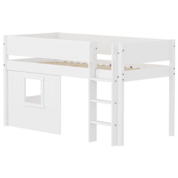 Lit mi-hauteur Cabane White 90 x 200 cm - Echelle droite - Barrière à rainures - Blanc