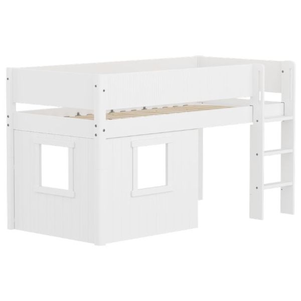 Lit mi-hauteur Cabane White 90 x 200 cm - Echelle droite - Barrière à rainures - Blanc