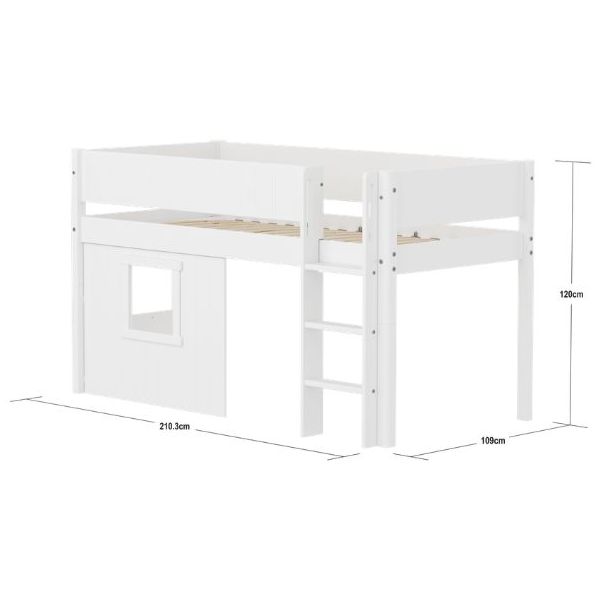 Lit mi-hauteur Cabane White 90 x 200 cm - Echelle droite - Barrière à rainures - Blanc