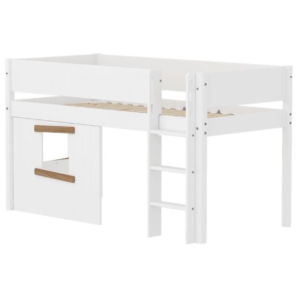 Lit mi-hauteur Cabane White 90 x 200 cm - Echelle droite - Barrière à rainures - Blanc / Chêne