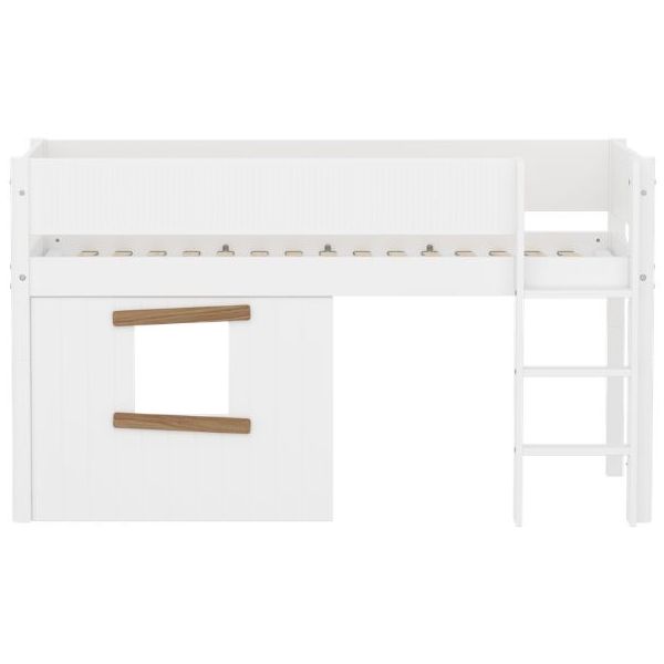 Lit mi-hauteur Cabane White 90 x 200 cm - Echelle droite - Barrière à rainures - Blanc / Chêne