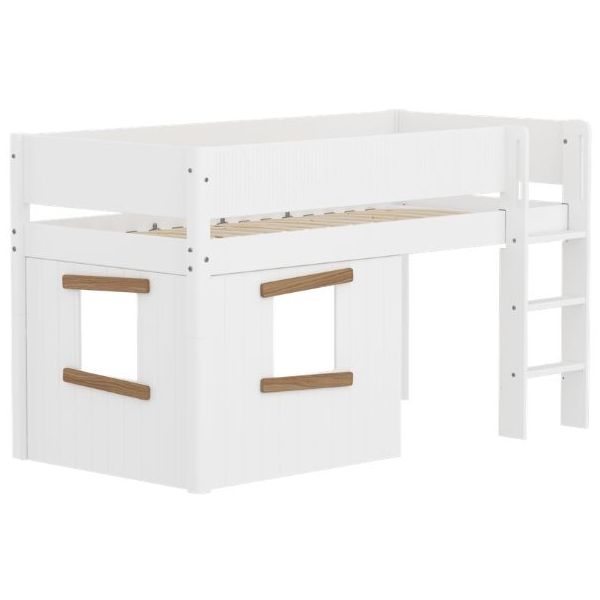 Lit mi-hauteur Cabane White 90 x 200 cm - Echelle droite - Barrière à rainures - Blanc / Chêne