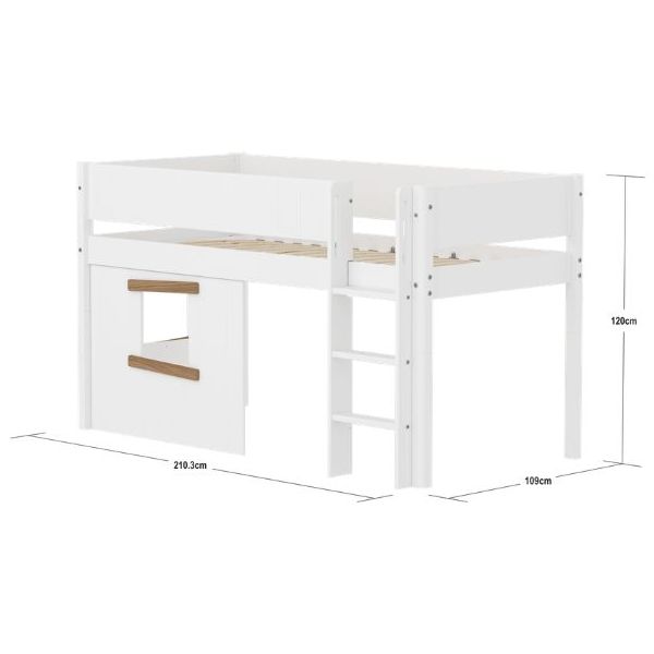 Lit mi-hauteur Cabane White 90 x 200 cm - Echelle droite - Barrière à rainures - Blanc / Chêne