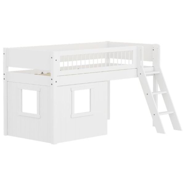 Lit mi-hauteur Cabane White 90 x 200 cm - Echelle inclinée - Barrière à barreaux - Blanc