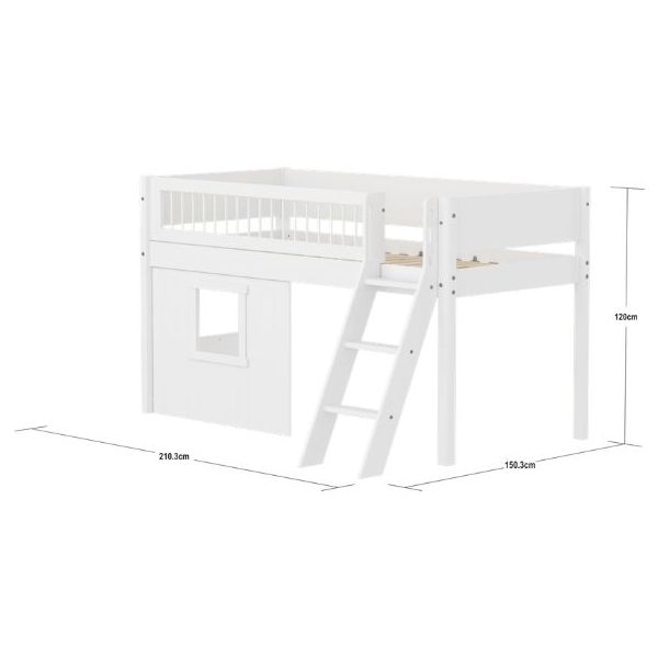 Lit mi-hauteur Cabane White 90 x 200 cm - Echelle inclinée - Barrière à barreaux - Blanc