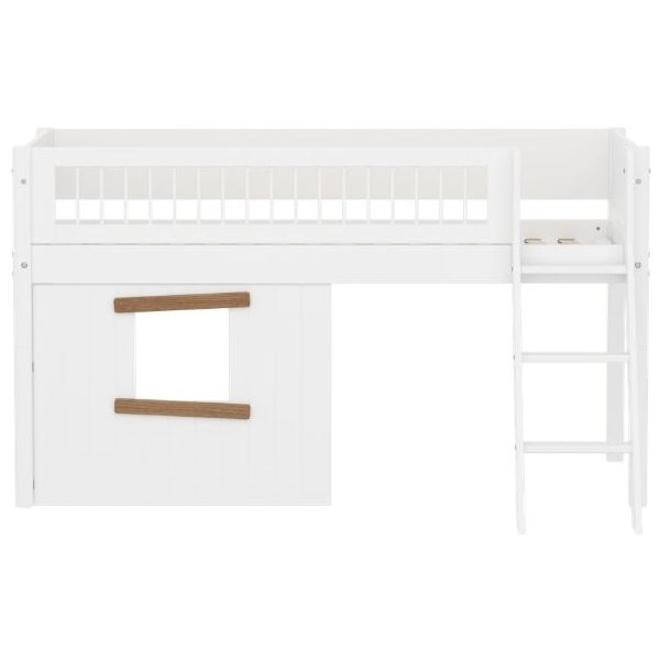 White Mid-High Bed with Treehouse 90 x 200 cm - Slanting ladder - Slatted Safety Rail - White / Oak