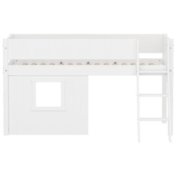 White Mid-High Bed with Treehouse 90 x 200 cm - Slanting ladder - Grooved Safety Rail - White