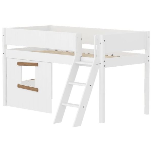 White Mid-High Bed with Treehouse 90 x 200 cm - Slanting ladder - Grooved Safety Rail - White / Oak