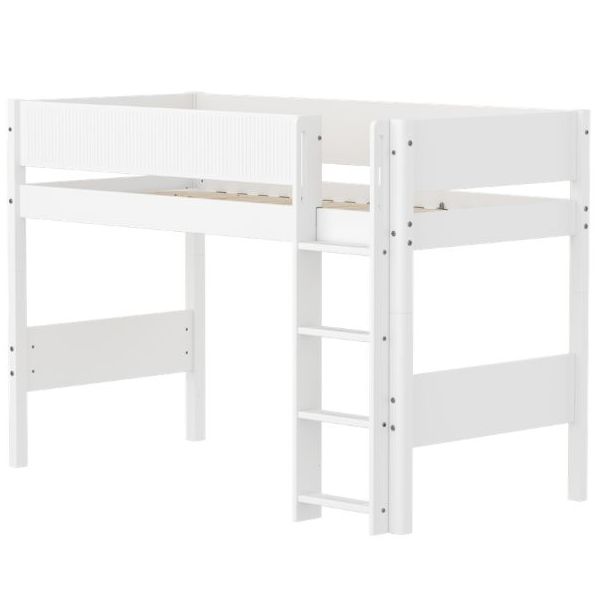 Lit mezzanine White 90 x 200 cm - Echelle droite - Barrière à rainures - Blanc