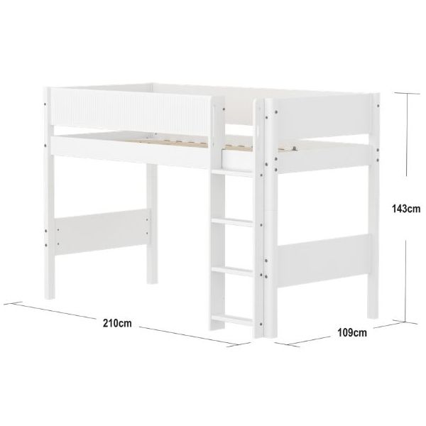 Lit mezzanine White 90 x 200 cm - Echelle droite - Barrière à rainures - Blanc