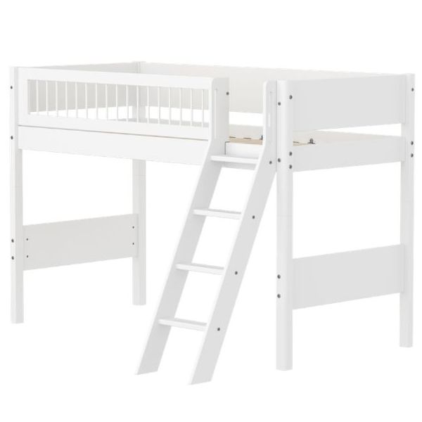 White High Bed 90 x 200 cm - Slanting ladder - Slatted Safety Rail - White