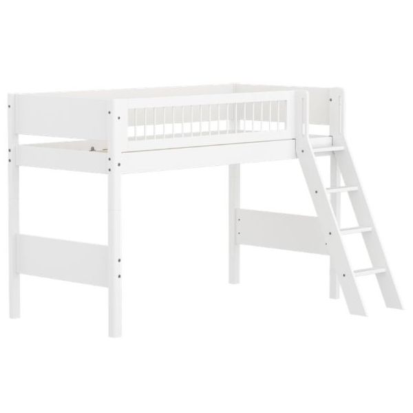 White High Bed 90 x 200 cm - Slanting ladder - Slatted Safety Rail - White