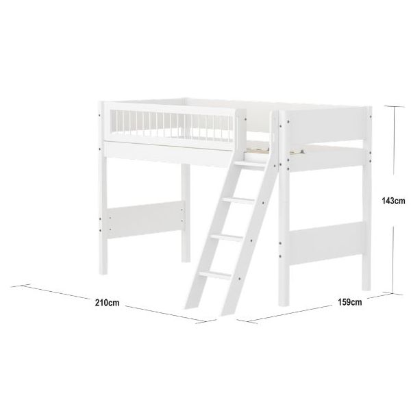 White High Bed 90 x 200 cm - Slanting ladder - Slatted Safety Rail - White