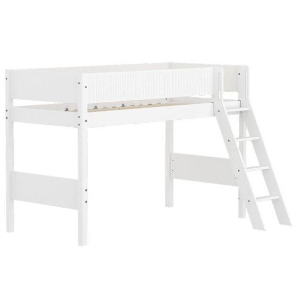 White High Bed 90 x 200 cm - Slanting ladder - Grooved Safety Rail - White