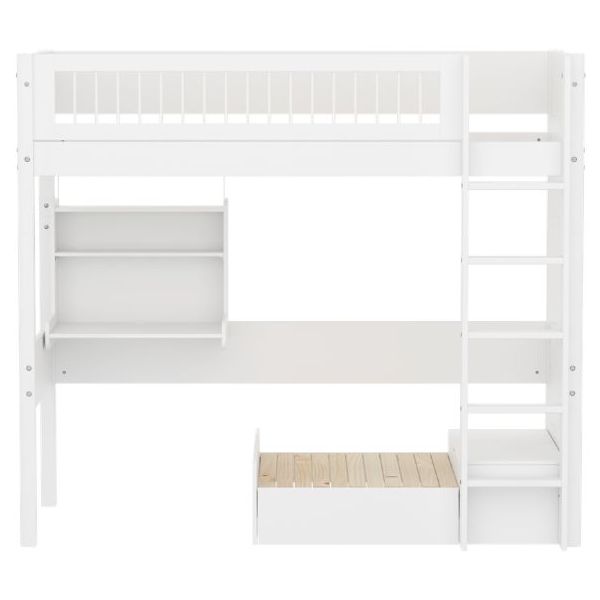 White Casa High Bed with Desk & Sofa 90 x 200 cm - Slatted Safety Rail - White