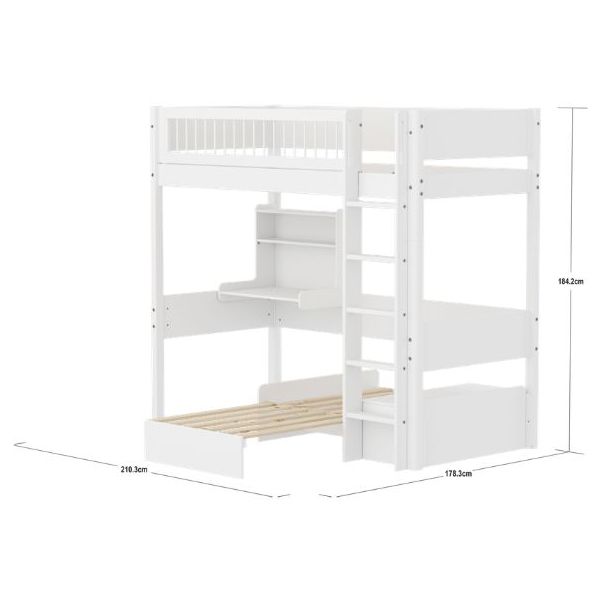 White Casa High Bed with Desk & Sofa 90 x 200 cm - Slatted Safety Rail - White