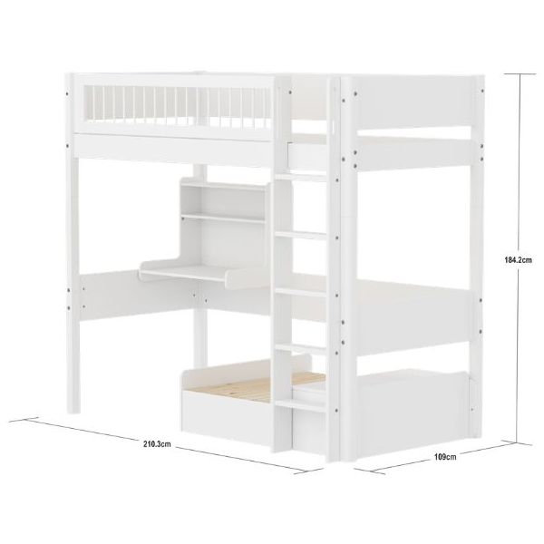 White Casa High Bed with Desk & Sofa 90 x 200 cm - Slatted Safety Rail - White