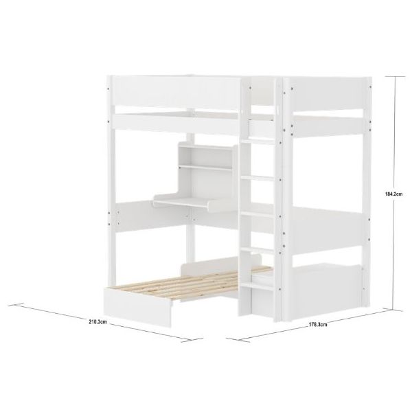White Casa High Bed with Desk & Sofa 90 x 200 cm - Grooved Safety Rail - White