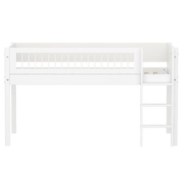 White Mid-High Bed 90 x 200cm - Straight ladder - Slatted Safety Rail - White