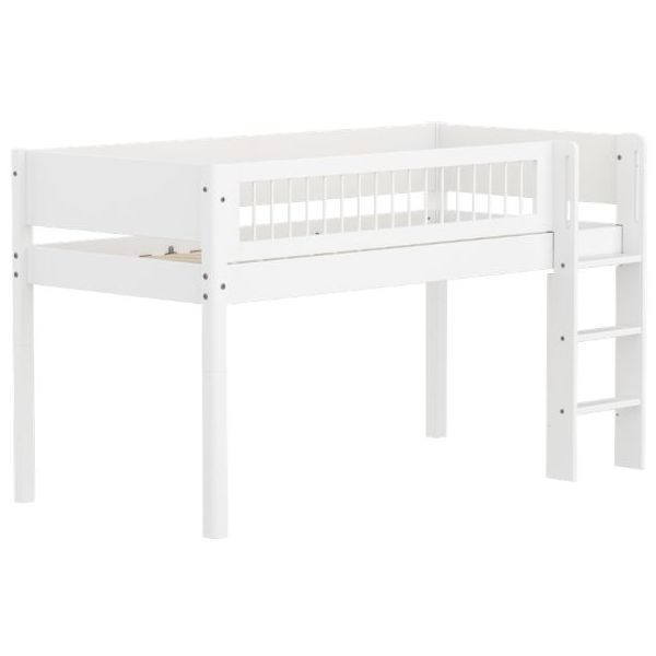 White Mid-High Bed 90 x 200cm - Straight ladder - Slatted Safety Rail - White