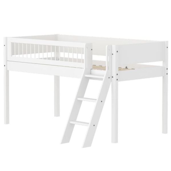 White Mid-High Bed 90 x 200cm - Slanting ladder - Slatted Safety Rail - White