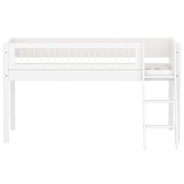 White Mid-High Bed 90 x 200cm - Slanting ladder - Slatted Safety Rail - White