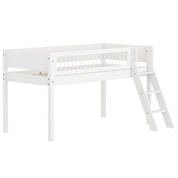 White Mid-High Bed 90 x 200cm - Slanting ladder - Slatted Safety Rail - White