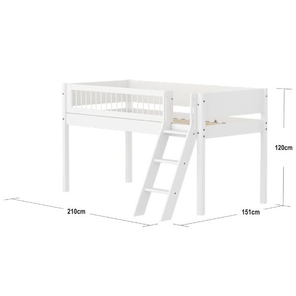 White Mid-High Bed 90 x 200cm - Slanting ladder - Slatted Safety Rail - White