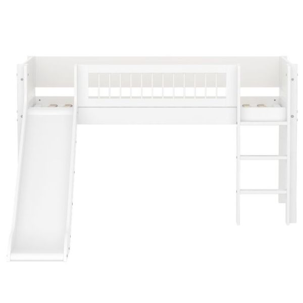 Lit mi-hauteur White 90 x 200 cm - Echelle droite & toboggan - Barrière à barreaux - Blanc
