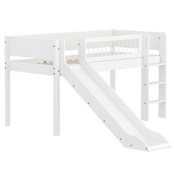 Lit mi-hauteur White 90 x 200 cm - Echelle droite & toboggan - Barrière à barreaux - Blanc