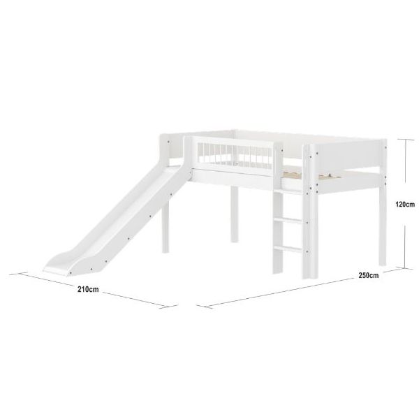 Lit mi-hauteur White 90 x 200 cm - Echelle droite & toboggan - Barrière à barreaux - Blanc