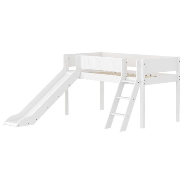 Lit mi-hauteur White 90 x 200 cm - Echelle inclinée & toboggan - Barrière à rainures - Blanc