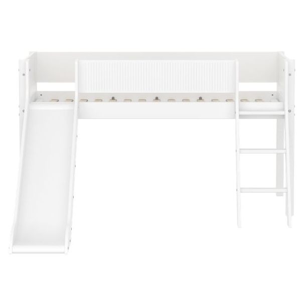 Lit mi-hauteur White 90 x 200 cm - Echelle inclinée & toboggan - Barrière à rainures - Blanc