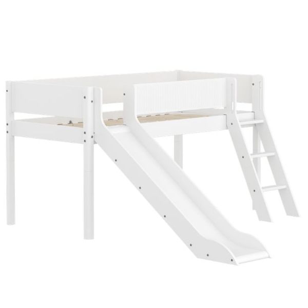 Lit mi-hauteur White 90 x 200 cm - Echelle inclinée & toboggan - Barrière à rainures - Blanc