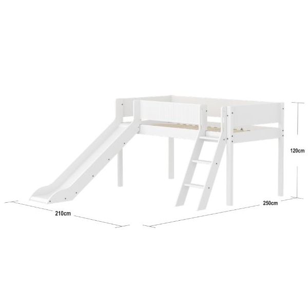 Lit mi-hauteur White 90 x 200 cm - Echelle inclinée & toboggan - Barrière à rainures - Blanc