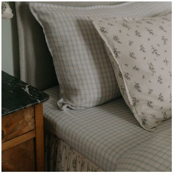 Drap housse Gaze de Coton 90 x 200 - Vichy Bleu Ciel