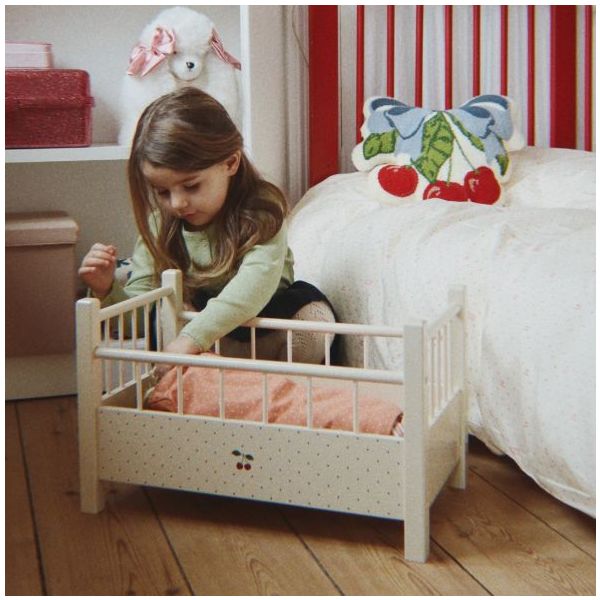Puppenbett aus Holz - Punkte Kirsch